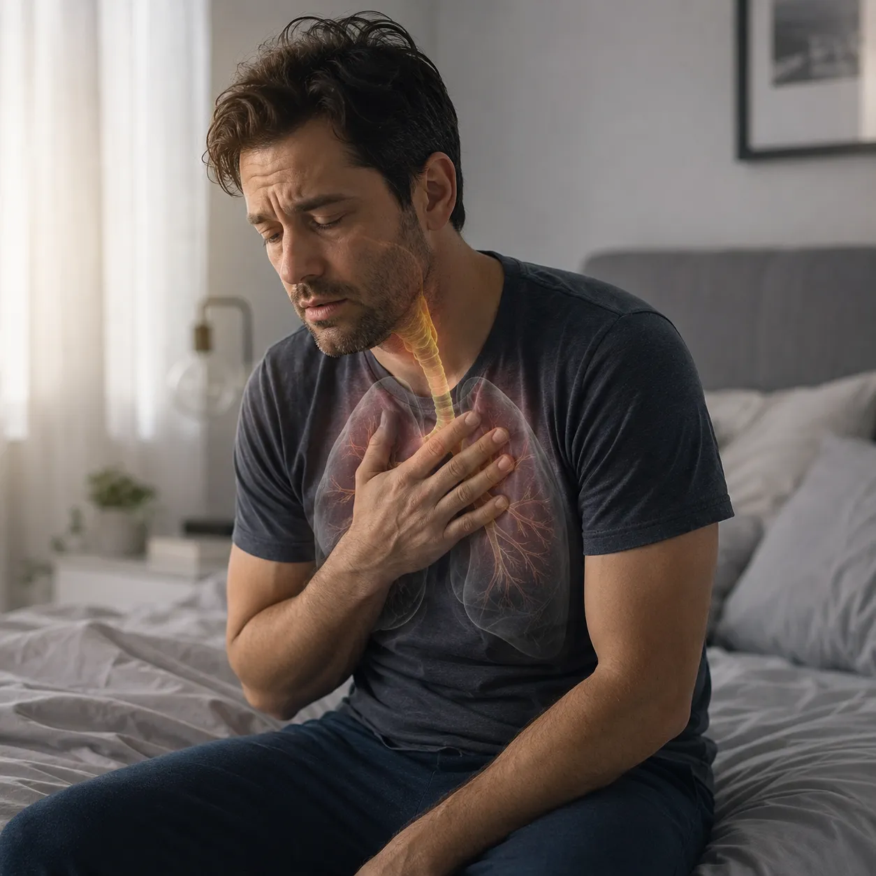 Adult struggling with chest heaviness and respiratory discomfort — the problem Breathizen targets